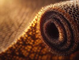 Textured fabric woven into a tight roll, catching the warm sunlight in a cozy workshop photo