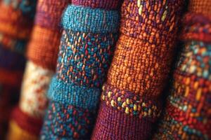 Vibrant textiles featuring intricate patterns in warm colors captured in a close-up view photo