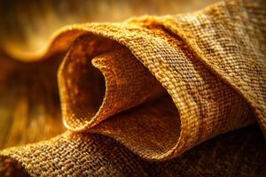 Textured fabric rolls captured in warm lighting highlighting intricate details and patterns in a close-up view photo