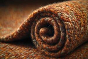 Warm woolen blanket elegantly rolled up on textured surface in cozy setting photo