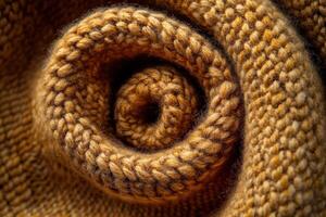 Close-up of textured golden yarn in a spiral pattern showcasing intricate knit design and craftsmanship photo