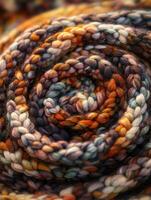 Colorful spiral of handcrafted yarn displaying intricate patterns in warm tones during daylight photo