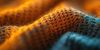 Soft textures of an intricately knitted fabric in warm sunlight create a cozy atmosphere in a living space photo