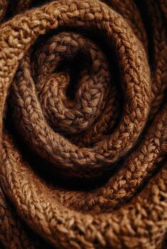 Textured brown knitted scarf coiled in a circular pattern displayed on a soft surface photo