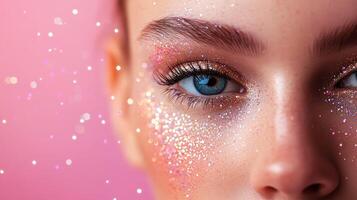 Glitter makeup close-up with sparkling effects on a model's face against a pink background showcasing vibrant beauty trends photo