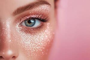 Captivating eyes adorned with glitter sparkle under soft lighting in a vibrant pink setting photo