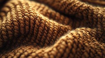 Warm brown knitted fabric showcasing textured patterns and intricate weaving, perfect for cozy apparel and home decor photo