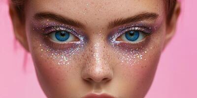 Brightly illuminated face adorned with colorful glitter and stunning blue eyes against a soft pink backdrop photo