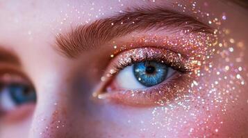 Stunning close-up of sparkling glitter on a woman's eye highlighting blue iris and elegant makeup photo