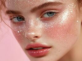 Sparkling glitter makeup highlighting fresh beauty and youthful features on a model with blue eyes and soft pink background photo