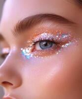 Glitter makeup transformation showcasing vibrant sparkles around the eyes during a beauty application photo