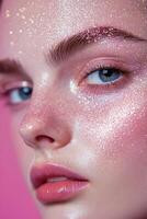 Shimmering beauty look with glitter makeup and glowing skin showcases artistic expression and vibrant colors photo