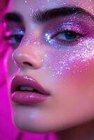Captivating close-up of a model with vibrant glitter and shimmering makeup against a colorful backdrop photo