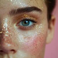 Close-up of a person's eye adorned with golden glitter on a soft pink background showcasing a creative beauty trend photo
