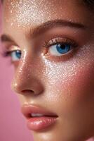 Close-up view of sparkling glitter makeup on a model with blue eyes against a pink background photo