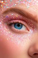 Sparkling eye makeup featuring colorful glitter enhances beauty and creativity in a close-up portrait photo