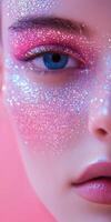 Sparkling beauty with glitter makeup creating a stunning artistic look against a soft pink background photo