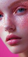 Close-up of a woman's face adorned with shimmering glitter against a vibrant pink background photo