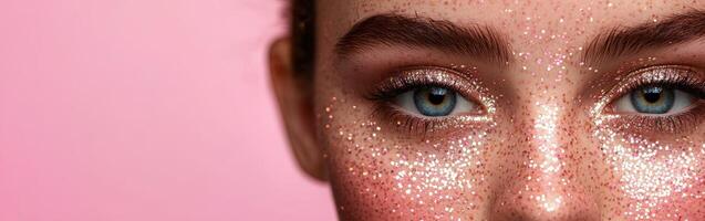 Close-up view of a person with sparkling glitter makeup emphasizing bright blue eyes against a soft pink background photo