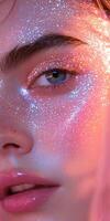 Bright glitter makeup enhances features and adds sparkle to beauty in closeup shot photo