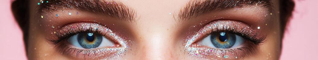 Close-up view of sparkling glitter makeup accentuating blue eyes against a soft pink background photo