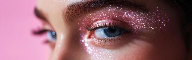 Sparkling eye makeup with glitter creates a stunning look for a beauty shoot against a soft pink background photo
