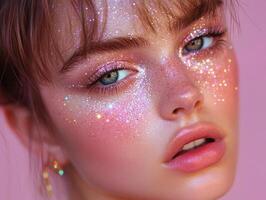 Glitter makeup accents radiant skin and captivating eyes at a beauty event in a vibrant setting photo