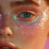 Sparkling makeup with glitter highlights enhancing a striking gaze in soft light conditions during a beauty showcase photo