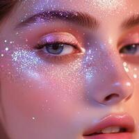 Sparkling glitter makeup creates a dazzling look on a model with radiant skin and mesmerizing eyes in a beauty studio setting photo