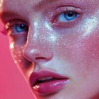 Sparkling skin with glitter highlights under vibrant lighting showcases beauty and creativity in a close-up portrait photo