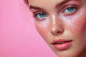 Creativity shines through glitter makeup highlighting bright blue eyes against a pink background photo