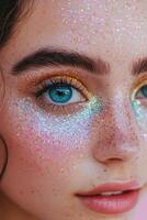 Shimmering glitter makeup enhances natural beauty with vibrant colors and artistic flair during a creative photoshoot photo