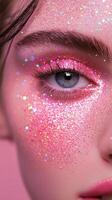 Creative makeup application featuring vibrant glitter around the eye in a playful and artistic style photo