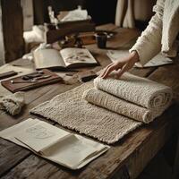 Crafting elegance with boucle fabric in a rustic workspace during morning light photo
