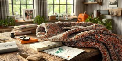 Cozy workspace with boucle fabric draped over table, surrounded by plants and sketches photo