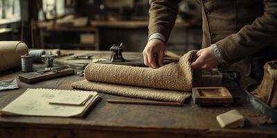 Crafting with boucle fabric in a vintage workshop during the afternoon sunlight photo