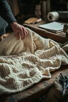 Handcrafted boucle fabric draped over a rustic wooden table in a cozy textile workshop during the afternoon photo