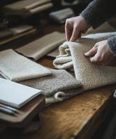 Exploring the texture and quality of boucle fabric during a cozy crafting session at a workshop photo
