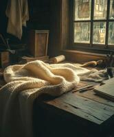 Soft boucle fabric draped over a rustic wooden table by a sunlit window in a vintage workshop setting photo