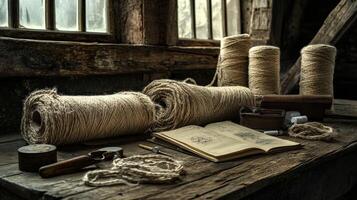 Crafting boucle fabric with natural fibers in a rustic workshop during the afternoon photo