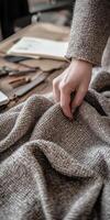 Crafting with boucle fabric in a serene workspace filled with design tools and materials photo