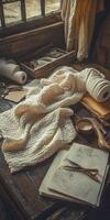 Cozy workspace featuring boucle fabric and crafting tools in a rustic setting photo