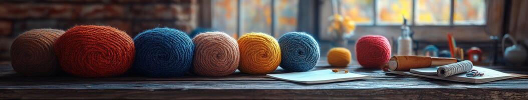 Colorful boucle fabric yarn arranged on a rustic wooden table in a cozy workshop during daylight hours photo