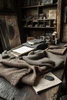 Soft boucle fabric draped on a wooden table in a rustic workshop filled with tools and materials, showcasing the art of textile crafting photo