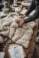 Artisan works with boucle fabric in a creative studio focused on textile design and craftsmanship photo