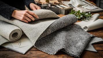 Examining boucle fabric samples on a wooden table with design sketches and tools in a creative workspace photo