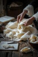 Creating a boucle fabric masterpiece with hands delicately arranging soft textile in a rustic workshop setting photo