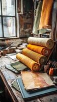 Vibrant rolls of boucle fabric arranged on a rustic workshop table with craft supplies and natural light streaming in photo