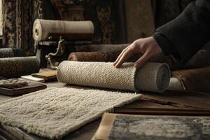 Exploring the texture and design of boucle fabric at a textile workshop showcasing various rolled materials photo