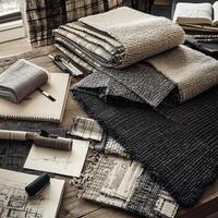 Exploring textured boucle fabric collections in a cozy workspace during the afternoon photo
